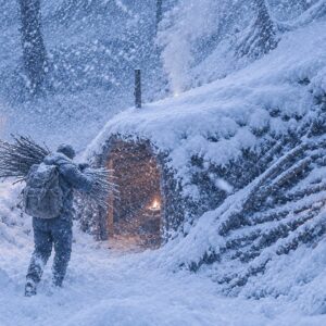 Survivor building a wilderness snow shelter in a forest during a heavy snowstorm