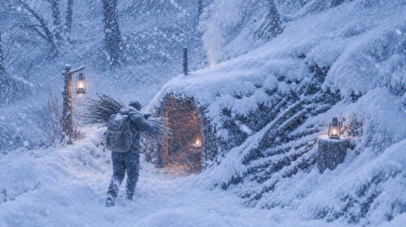 Survivor building a wilderness snow shelter in a forest during a heavy snowstorm