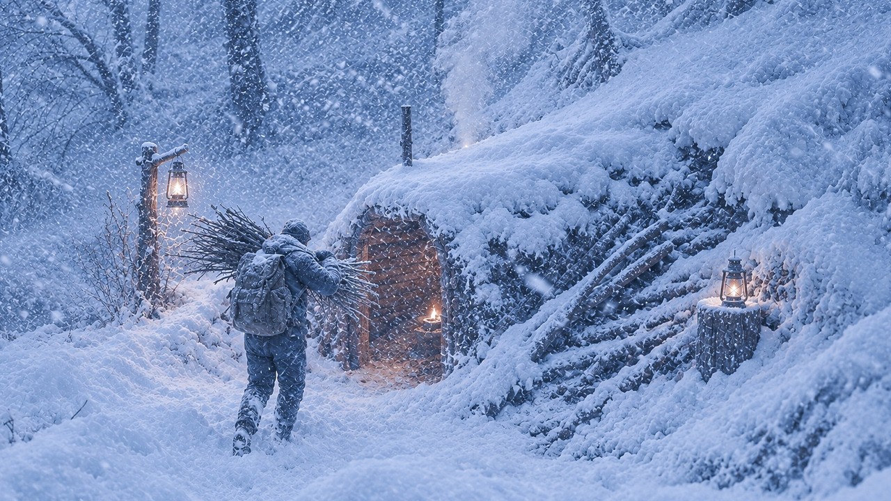 Survivor building a wilderness snow shelter in a forest during a heavy snowstorm