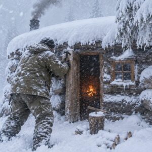 Tiny log cabin shelter built for extreme winter survival during a 72-hour snowstorm