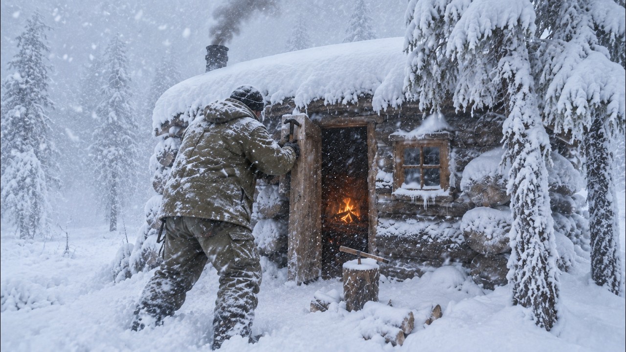 Tiny log cabin shelter built for extreme winter survival during a 72-hour snowstorm
