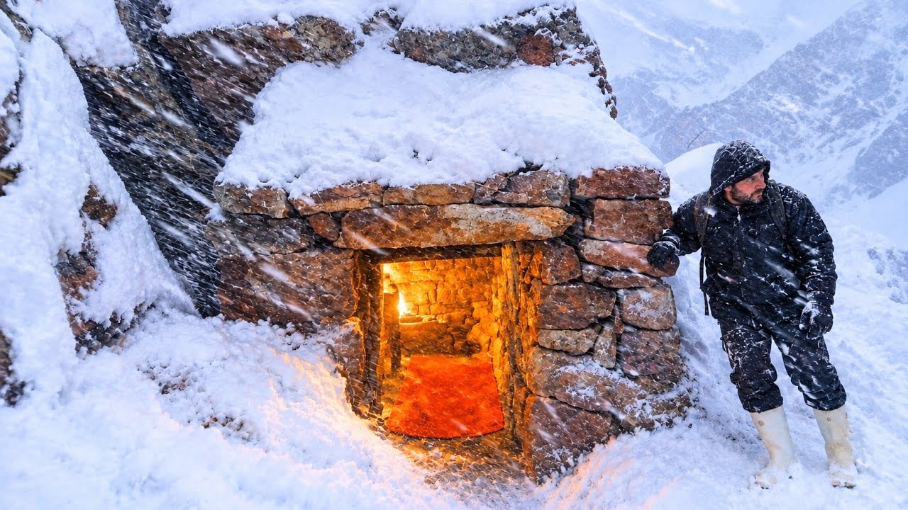 Stone survival shelter built under a giant rock overhang during a heavy mountain snowstorm